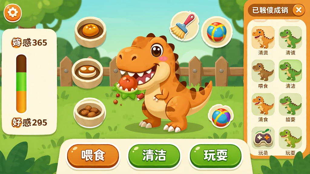 画面中展示一个恐龙养成界面,中央是一只正在进食的卡通霸王龙,周围环绕着食物槽、清洁刷、玩具球等互动图标,左侧是恐龙等级与好感度进度条,右侧是已解锁的恐龙图鉴列表,底部有“喂食”“清洁”“玩耍”三个大按钮,整体采用纵向手机界面布局,风格为卡通扁平化设计,色彩以暖橙色和绿色为主,细节包括恐龙表情满足、图标圆润可爱、背景有栅栏和草地,画质高清、干净、无多余元素