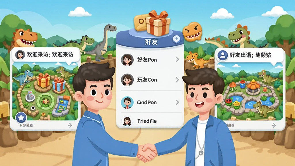 画面中两个卡通人物站在恐龙公园的入口处握手,背景是热闹的园区和恐龙,画面中央有好友列表和礼物盒图标,左侧是玩家的公园缩略图,右侧是好友的公园缩略图,整体采用横向分栏布局,风格为社交休闲类卡通风格,色彩以蓝色和橙色为主,细节包括礼物盒有蝴蝶结、恐龙在背景中探头、对话框显示“欢迎来访”,画质高清、干净、无多余元素