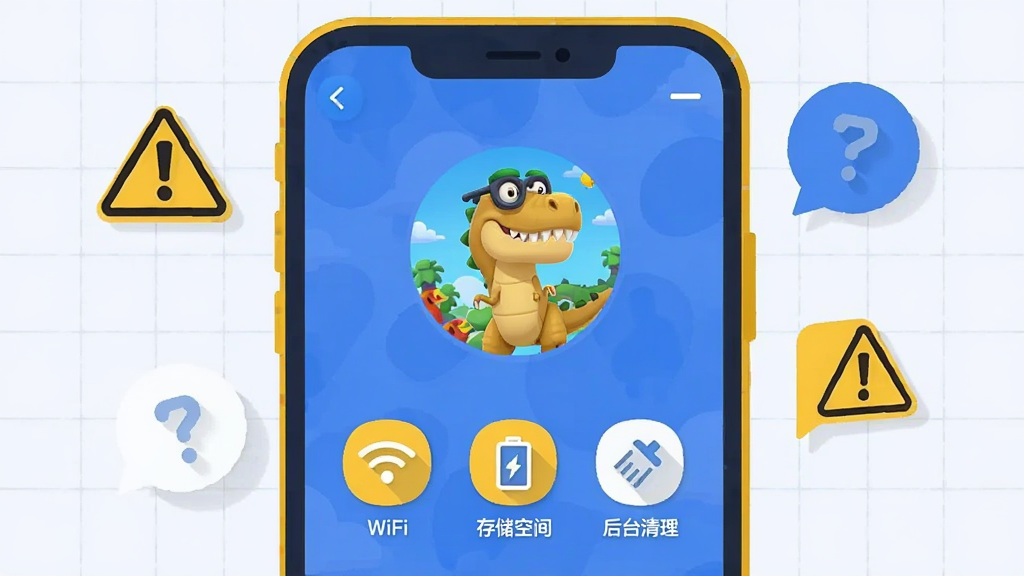 画面展示一部智能手机屏幕,屏幕上显示疯狂恐龙公园的游戏加载界面,旁边有“WiFi”“存储空间”“后台清理”三个图标,手机周围有警示标志和问号气泡,整体采用纵向构图,风格为扁平化信息图风格,色彩以蓝色和黄色为主,细节包括手机边框圆润、图标简洁、背景有淡色网格,画质高清、干净、无多余元素