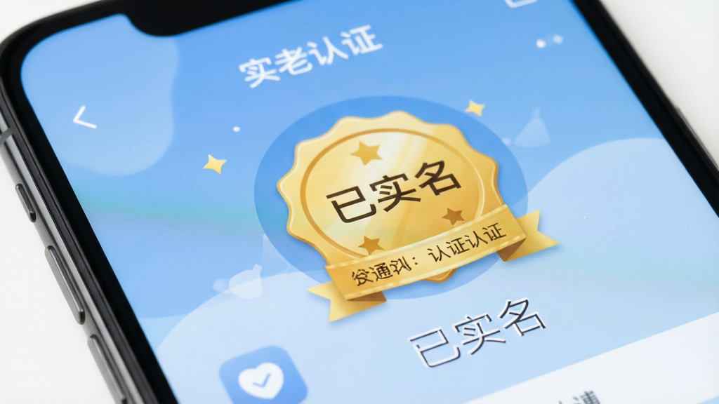 找老伴APP实名认证页面特写,手机屏幕显示认证通过的金色徽章和“已实名”字样,背景为柔和的蓝色渐变,图标清晰,风格简洁现代,画质高清,干净无多余元素