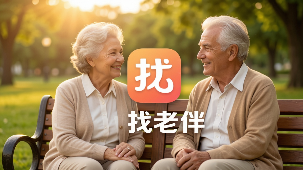 找老伴APP欢迎界面截图,画面中央展示“找老伴”软件名称和Logo,背景是温馨的暖色调,一对老年夫妇在公园长椅上微笑交谈,远处有绿树和阳光,风格写实温暖,画质高清,干净无多余元素