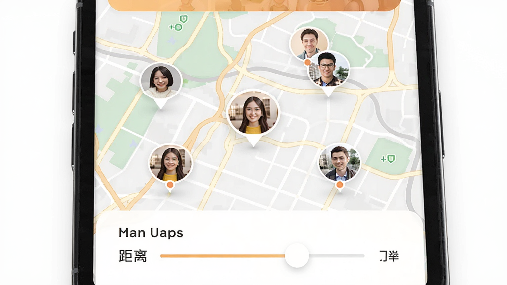找老伴APP同城推荐页面,地图上显示多个用户头像标记,底部有距离筛选滑块,界面清晰,配色温暖,风格现代,画质高清,干净无多余元素