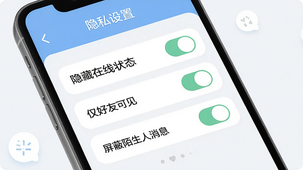 找老伴APP隐私设置页面,屏幕显示多个开关按钮如“隐藏在线状态”“仅好友可见”“屏蔽陌生人消息”,界面简洁,配色柔和,风格安全可靠,画质高清,干净无多余元素