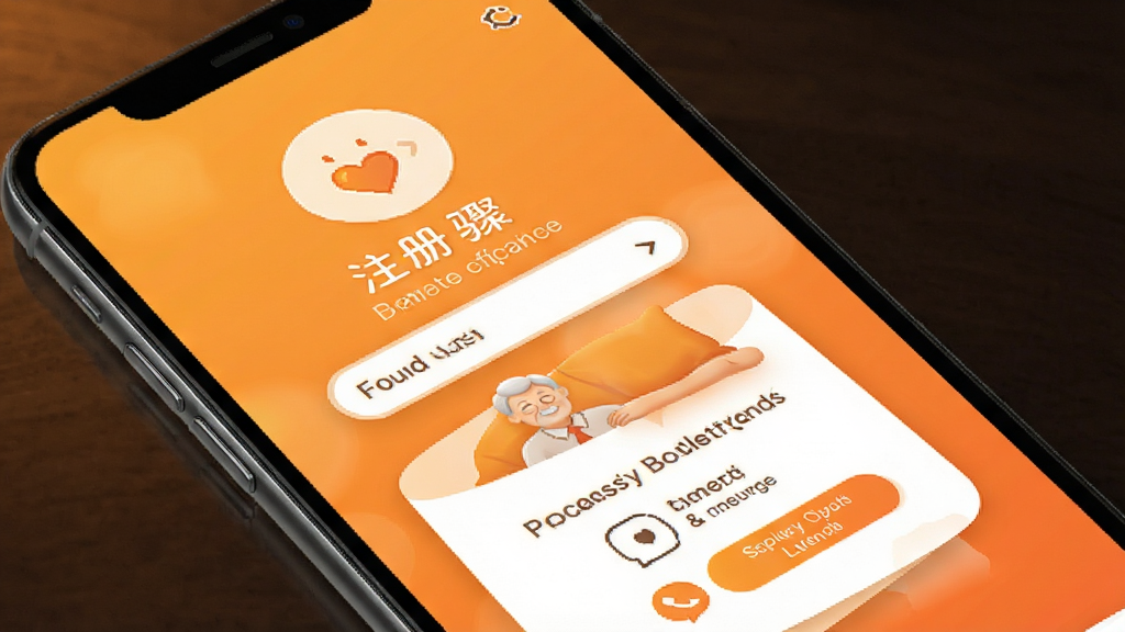 找老伴APP新手引导页面,手机屏幕显示注册步骤和实名认证提示,背景为温暖的橙色渐变,图标简洁,风格友好,画质高清,干净无多余元素