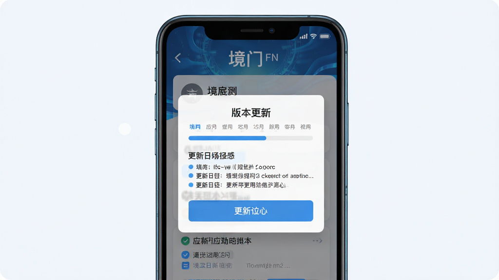 一张“境门”应用更新与维护主题图,主体为手机屏幕上的版本更新提示界面,布局为居中弹窗,排版简洁,风格为科技蓝调,细节包含进度条、更新日志、按钮,画质高清,画面干净,无多余元素