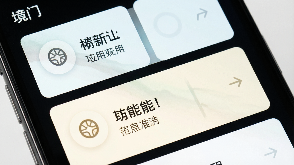 一张“境门”应用功能界面特写图,主体为手机屏幕上的功能模块卡片,布局为上下结构,排版整齐,风格为清新简约风,细节包含图标、文字标签、浅色卡片背景,画质高清,画面干净,无多余元素