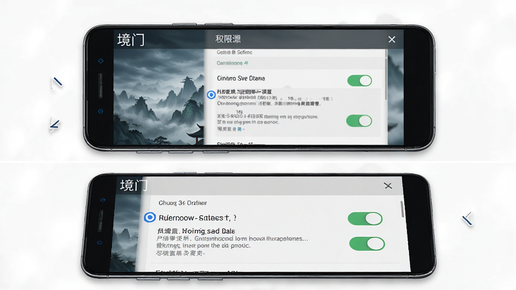 一张“境门”安卓手机安装与设置操作示意图,主体为手机屏幕上的权限设置界面,布局为上下分步展示,排版清晰,风格为写实科技风,细节包含设置选项、开关按钮、提示文字,画质高清,画面干净,无多余元素