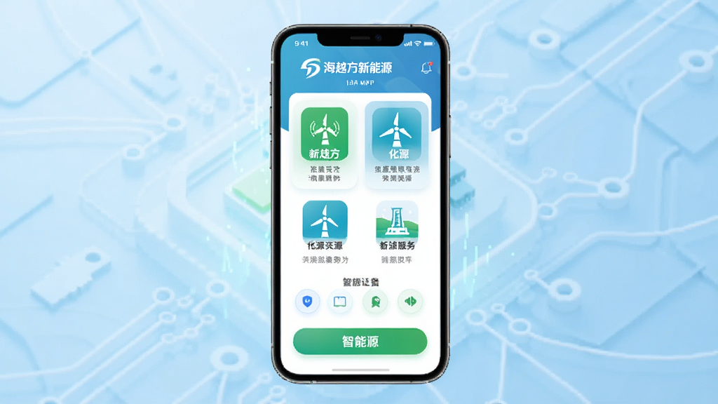 一张以海越方新能源为主题的手机应用界面展示图,画面中央放置一部智能手机,手机屏幕上显示海越方新能源APP的首页界面,包含新能源服务图标和品牌标识,背景为浅蓝色渐变科技风格,布局简洁明了,风格现代商务,细节上突出新能源绿色元素与智能化交互按钮,画质清晰,画面干净,无多余元素
