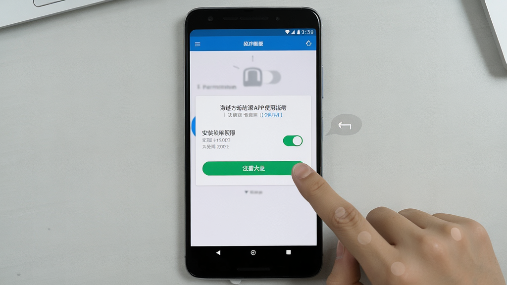 一张以海越方新能源APP使用指南为主题的手机操作示意图,画面展示一部安卓手机屏幕上显示安装权限设置界面,旁边配有手指点击操作的示意,背景为浅灰色桌面环境,布局以手机为中心,风格简洁教程风,细节上突出权限开关和安装按钮,画质清晰,画面干净,无多余元素