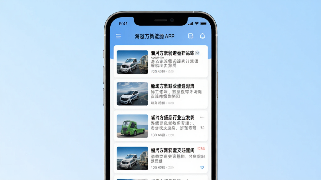 一张以品牌动态与行业资讯推送为主题的海越方新能源APP界面图,画面展示手机屏幕上的资讯列表页面,每条资讯配有缩略图和标题,背景为浅蓝色渐变,布局上下排列,风格现代信息流,细节上体现新闻推送的时效感,画质清晰,画面干净,无多余元素