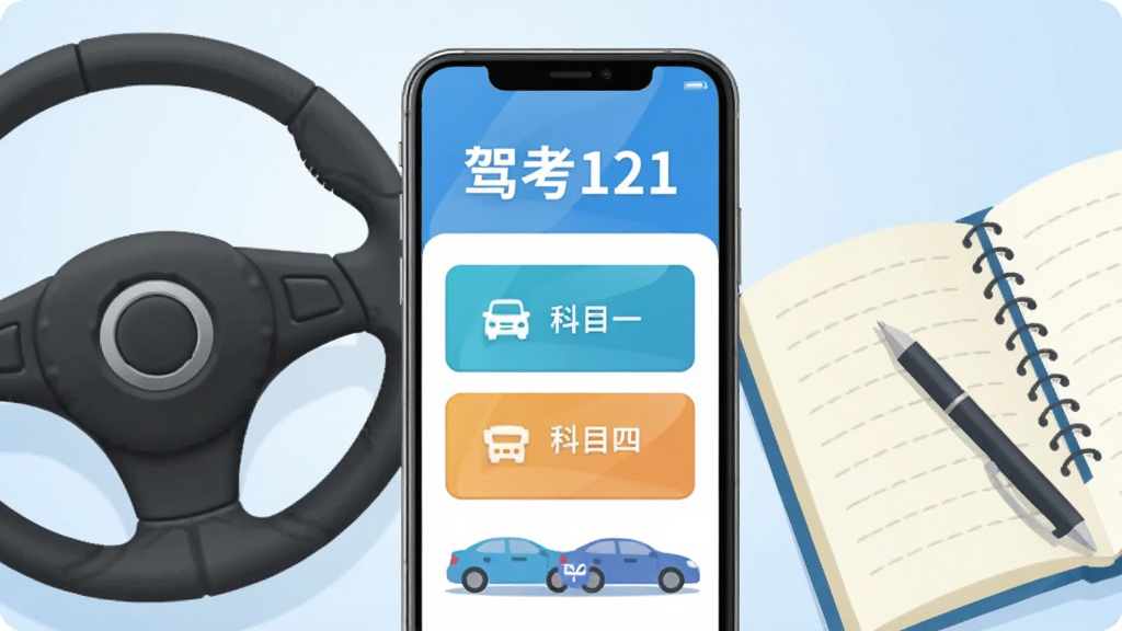 画面中央一部智能手机,屏幕上显示“驾考121”应用主界面,界面有科目一和科目四的练习入口,左侧摆放一个汽车方向盘模型,右侧有一本翻开的笔记本和一支笔,背景是浅蓝色渐变,整体布局简洁对称,风格为扁平化插画,细节包括手机边框高光和按钮阴影,画质清晰,干净,无多余元素