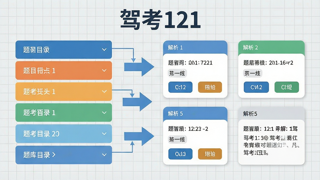 一张信息图风格画面,左侧是分类清晰的题库目录列表,右侧是题目卡片和解析文字,中间用箭头连接,上方有“驾考121”字样,背景为浅灰色网格,风格为扁平化设计,细节包括题目编号和选项按钮,画质清晰,干净,无多余元素