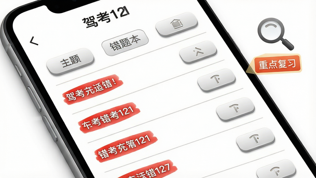 一个手机屏幕特写,屏幕显示“驾考121”错题本界面,红色标记的错题列表排列整齐,旁边有一个放大镜图标和“重点复习”标签,背景为白色,风格为写实UI风格,细节包括按钮的微立体效果和列表分割线,画质清晰,干净,无多余元素
