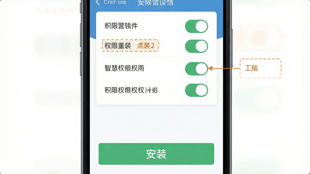 智慧营销软件安装步骤示意图,主体为手机屏幕展示安装权限设置界面,布局为上下结构,上方为权限开关列表,下方为安装按钮,排版简洁明了,风格为扁平化设计,细节上标注重点权限项,背景为纯白色,画质高清,干净无多余元素