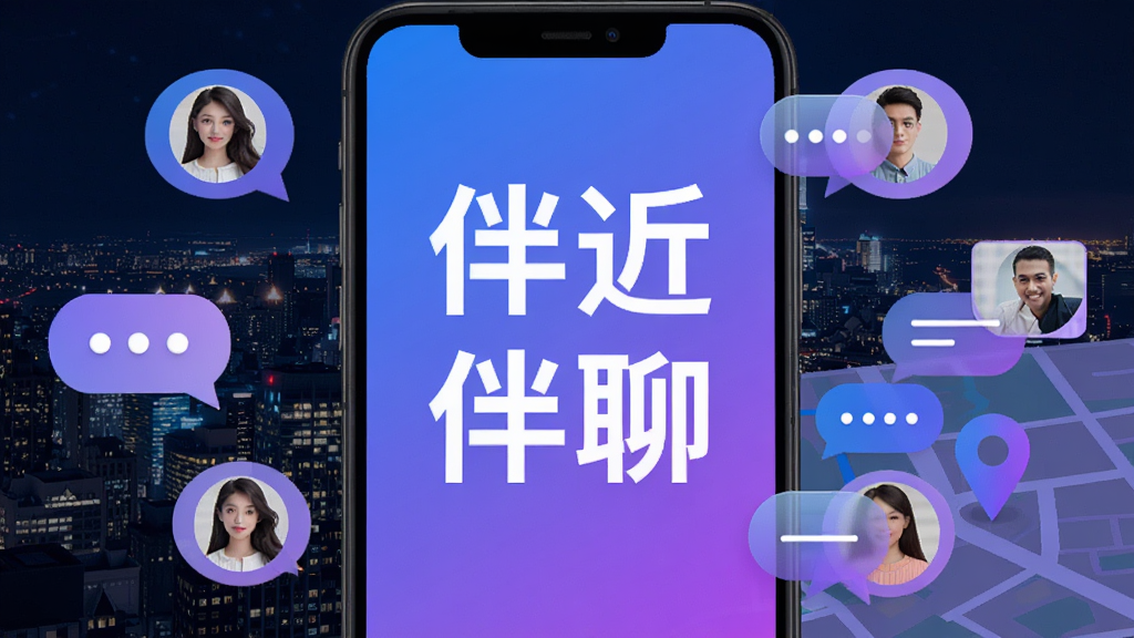 手机屏幕中央显示附近伴聊四个大字,周围环绕着多个圆形用户头像气泡和聊天气泡图标,背景是城市夜景与地图定位标记,整体采用蓝紫渐变色调,布局简洁现代,风格偏向社交应用宣传图,细节上突出附近的人与即时聊天元素,画质清晰干净无多余元素