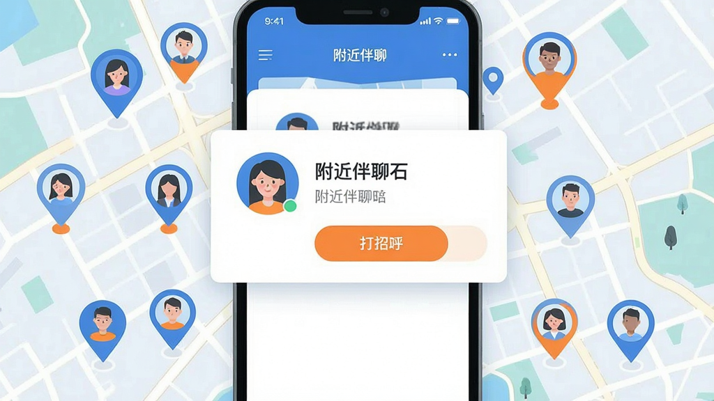 一张以城市地图为背景的社交应用界面展示图,地图上散布着多个带有头像的定位图钉,画面中央弹出附近伴聊的匹配卡片,卡片上显示用户头像和打招呼按钮,整体采用扁平化设计风格,配色以蓝白为主辅以橙色点缀,布局清晰信息层级分明,画质干净无多余元素