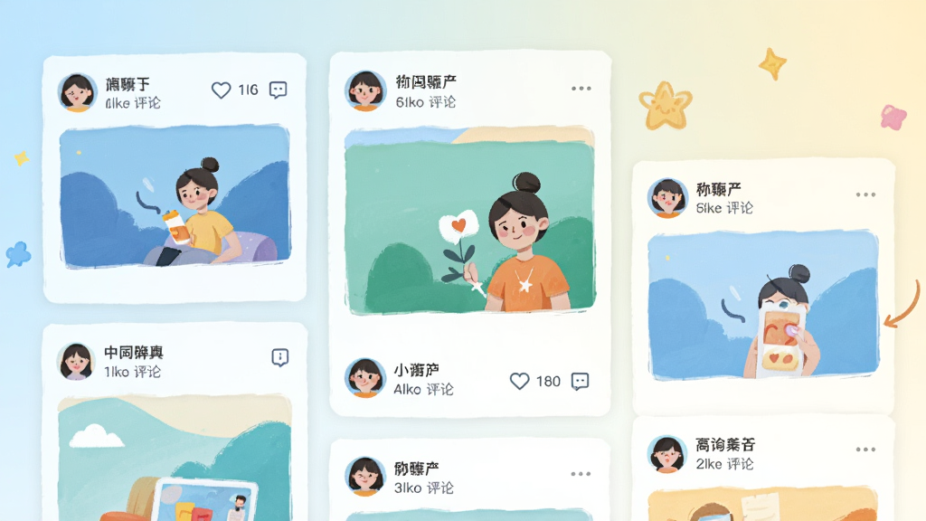 附近伴聊动态广场界面截图风格插画,画面中展示多个用户发布的图文动态卡片瀑布流排列,卡片上有头像昵称点赞评论图标,背景为柔和的浅色渐变,整体风格清新明快,布局错落有致,细节上突出社交互动元素,画质清晰干净无多余元素