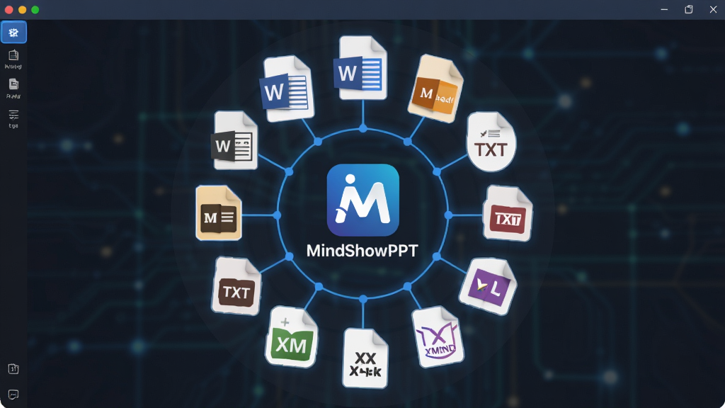 һ��չʾMindShowPPT���ʽ���ݵ��빦�ܵ�ͼƬ������Ϊ�������ļ�������棬����Ϊ������ʾ�����ļ���ʽͼ��Χ������Logo���Ű�ʻ��η�ɢ״�����Ϊ�ִ���ƽ���Ƽ��磬ϸ�ڰ���Word��Markdown��TXT��XMind�ȸ�ʽͼ�ꡢ��ɫ�����ߡ���౳�������ʸ���ɾ��޶���Ԫ�أ������д������֡�MindShowPPT��
