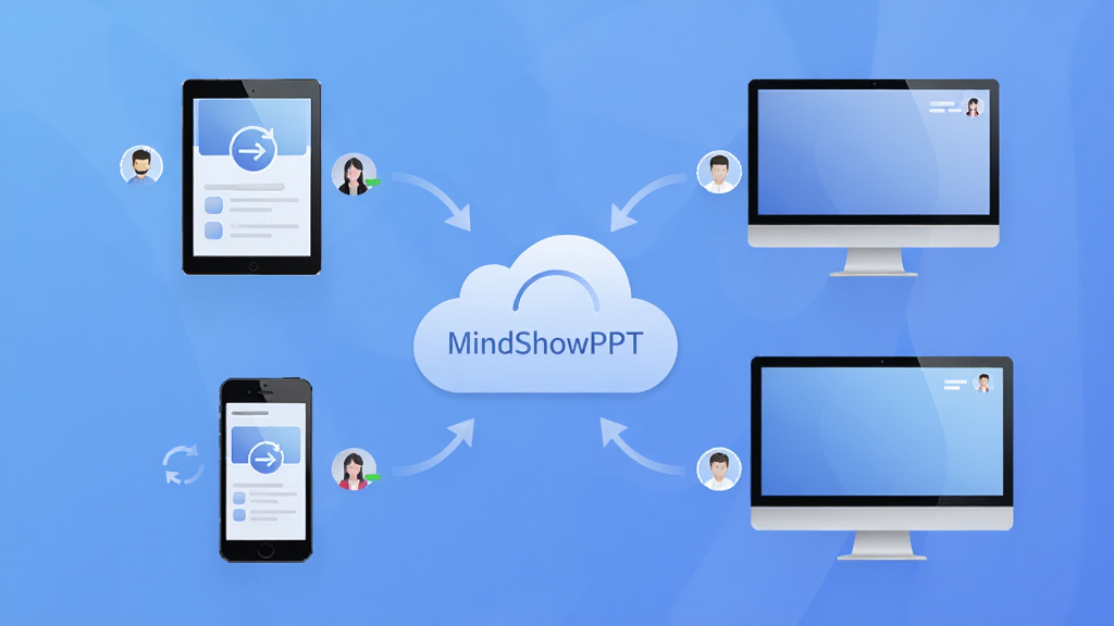 һ��չʾMindShowPPT�ƶ�ͬ����Э�����ܵ�ͼƬ������Ϊ��̨�豸ͨ����ͼ�����ӣ�����Ϊ�ֻ���ƽ�塢����Χ�������ƶ�ͼ�꣬�Ű�ʷ���״�����Ϊ���Ƽ��в廭�磬ϸ�ڰ���ͬ����ͷ���û�ͷ��Сͼ�ꡢ��͵���ɫ���䣬���ʸ���ɾ��޶���Ԫ�أ������д������֡�MindShowPPT��