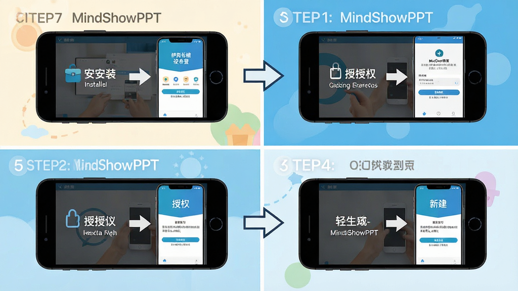һ��չʾMindShowPPT���ֲ��������ͼƬ������Ϊ�ֻ���Ļ��ʾ������װ��Ȩ�����ý��棬����Ϊ�ĸ�־�չʾ��װ����Ȩ���½��������ĸ����裬�Ű�Ϊ���ϵ�������ͼ�����Ϊ�������ı�ƽ���̷̳磬ϸ�ڰ���ÿ���Ľ����ͼ����ͷ���������ֱ�ע�����ʸ���ɾ��޶���Ԫ�أ������д������֡�MindShowPPT��