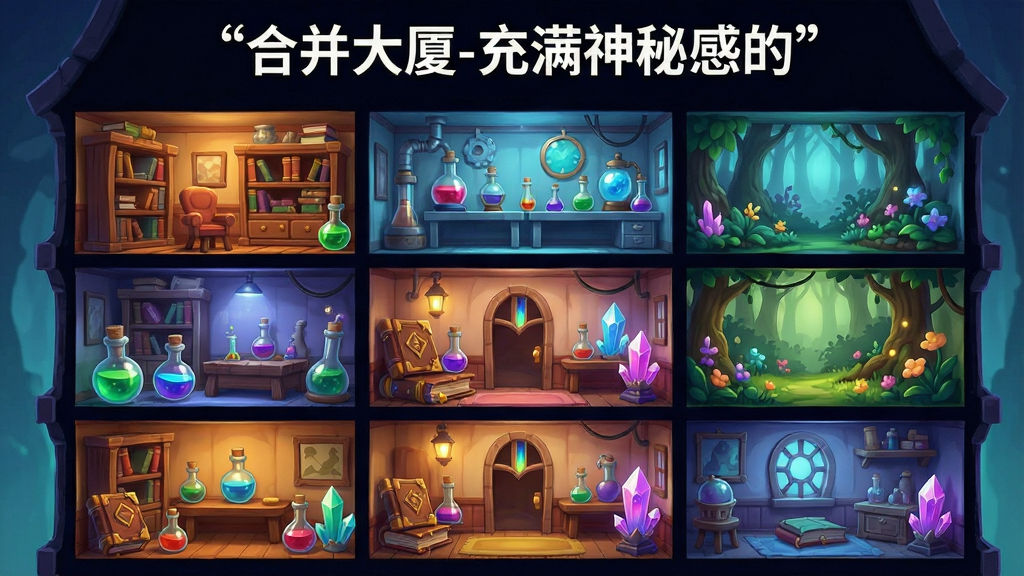一栋多层神秘大厦的剖面图,每层展示不同的合成主题房间,包括书房、实验室、花园等。房间内摆放着可合成的物品,如发光的药水瓶、古老书籍、魔法水晶。画面采用暖色调与冷色调对比,风格为卡通奇幻,细节精致,画质清晰,无杂乱元素。图片上方用引号标注“合并大厦-充满神秘感的”。
