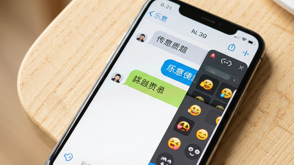 一张展示“乐意”软件聊天界面的细节图,画面中手机屏幕显示对话气泡与表情选择面板,背景为浅色木纹桌面,风格温馨自然,细节清晰,画质干净,无杂乱元素