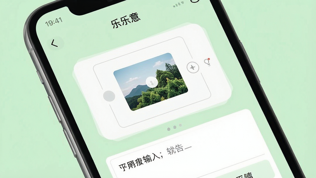 一张展示“乐意”软件动态发布页面的手机界面图,屏幕内显示图片选择框与文字输入区域,画面风格清新简约,背景为柔和的浅绿色,主体突出,画质清晰,无多余装饰