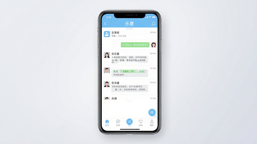 一张展示“乐意”软件主界面的手机屏幕预览图,画面中央是手机模型,屏幕内显示“乐意”APP的聊天列表与底部导航栏,界面干净简洁,主色调为浅蓝与白色,背景为柔和渐变浅灰色,风格现代扁平化,细节清晰,画质高清,无多余装饰元素