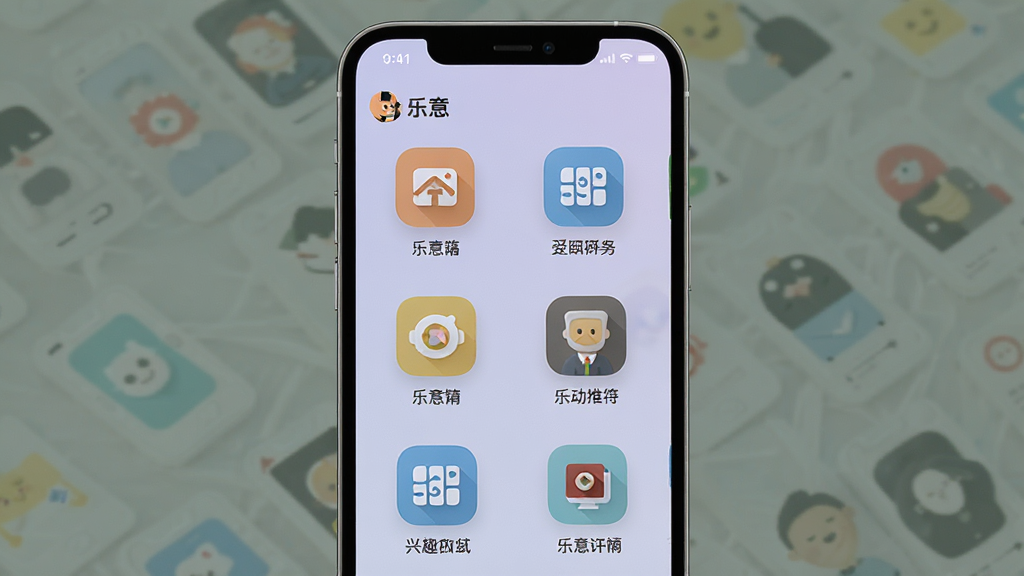 一张展示“乐意”软件群组列表页面的手机截图风格图,屏幕内显示多个兴趣群组图标与名称,背景为浅紫色渐变,风格现代,排版整齐,画质高清,无多余元素