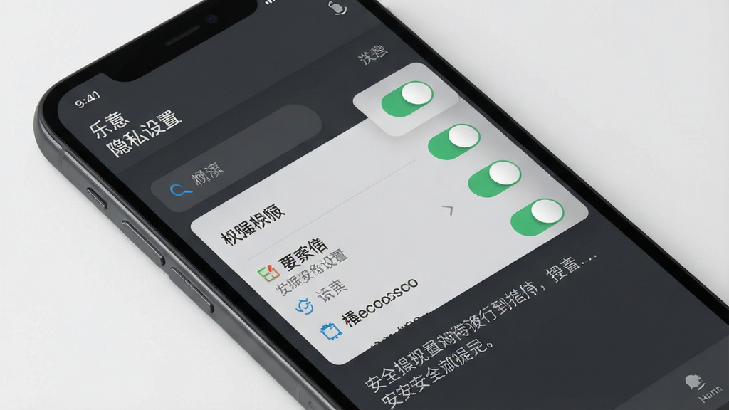 一张展示“乐意”软件隐私设置页面的手机界面图,屏幕内显示权限开关列表与安全提示文字,背景为深灰色,风格沉稳,细节清晰,画质干净,无多余装饰