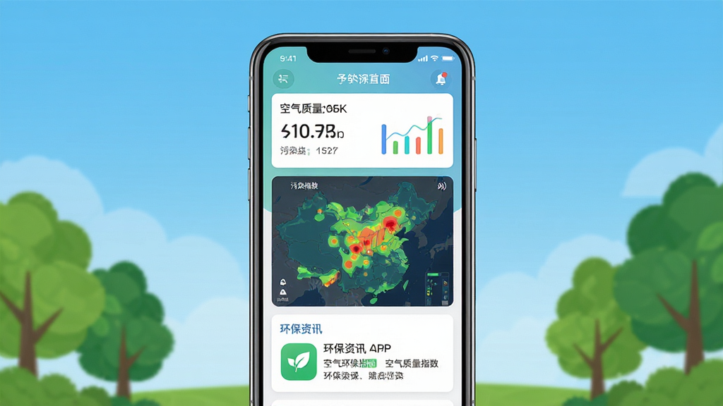 予知环保APP主界面展示,画面中央为手机屏幕,屏幕内显示空气质量指数、污染地图和环保资讯卡片,背景为蓝天绿树,布局简洁清晰,风格现代扁平化,细节包括彩色数据图表和图标,画质高清,干净无多余元素