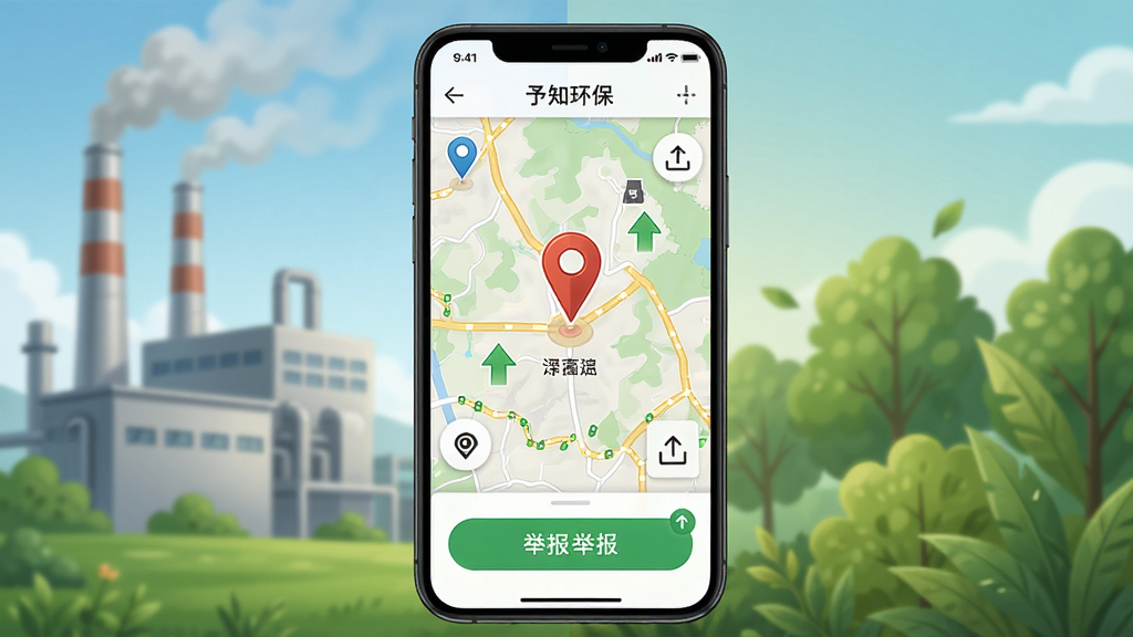 予知环保APP污染源追踪界面,画面中心为手机屏幕,屏幕内显示地图标记和举报按钮,背景为工厂与绿植对比场景,布局左右分栏,风格写实插画,细节包括定位图标和上传箭头,画质细腻,干净无多余元素