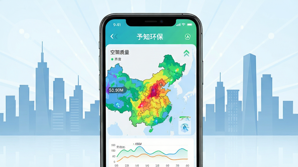予知环保APP实时环境数据查询界面,画面主体为手机屏幕,屏幕内展示彩色空气质量地图与数据曲线,背景为城市天际线剪影,布局上下结构,风格科技感与清新感结合,细节包括数值标签和动态箭头,画质清晰,干净无多余元素