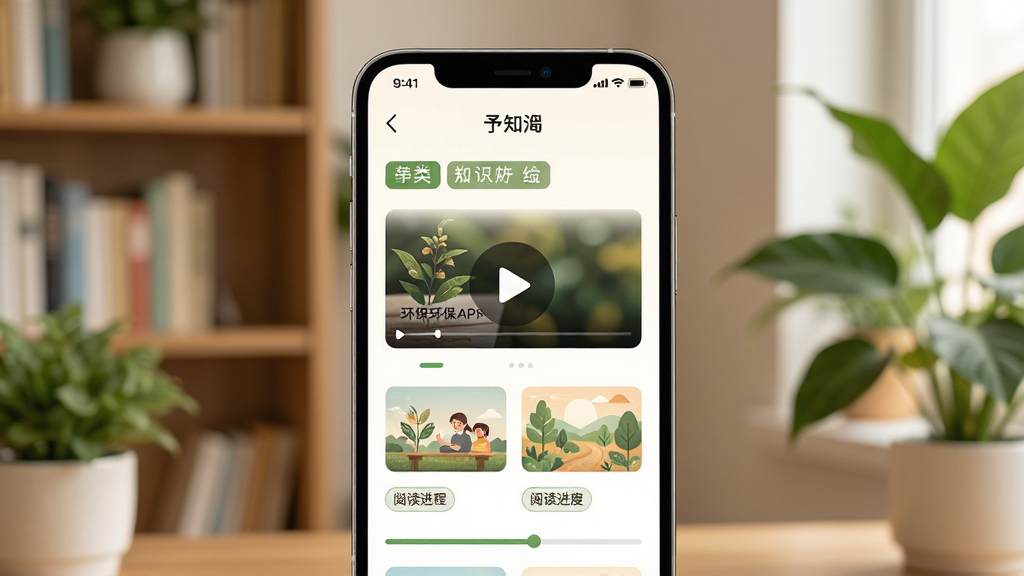 予知环保APP环保知识科普页面,画面主体为手机屏幕,屏幕内展示图文卡片和视频播放按钮,背景为书架与绿植,布局网格排列,风格温馨简约,细节包括分类标签和阅读进度条,画质高清,干净无多余元素