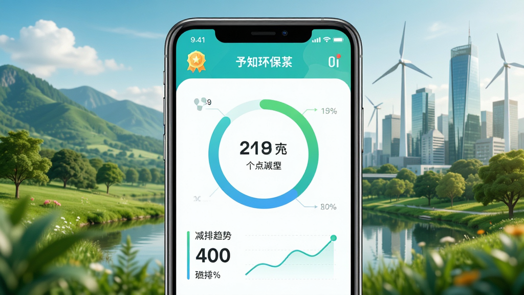 予知环保APP个人碳足迹记录界面,画面中心为手机屏幕,屏幕内显示环形进度图和减排数据,背景为自然风景与城市融合,布局上下结构,风格清新活力,细节包括徽章图标和趋势线,画质清晰,干净无多余元素