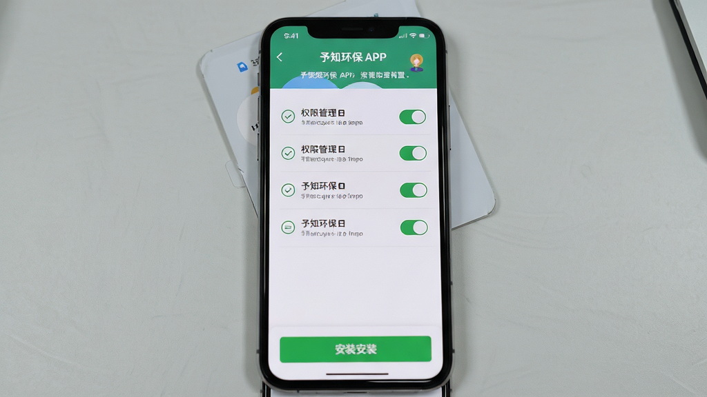 予知环保APP安装设置界面,画面主体为手机屏幕,屏幕内显示权限管理列表和安装按钮,背景为浅灰色桌面,布局上下结构,风格简洁实用,细节包括开关图标和提示文字,画质清晰,干净无多余元素