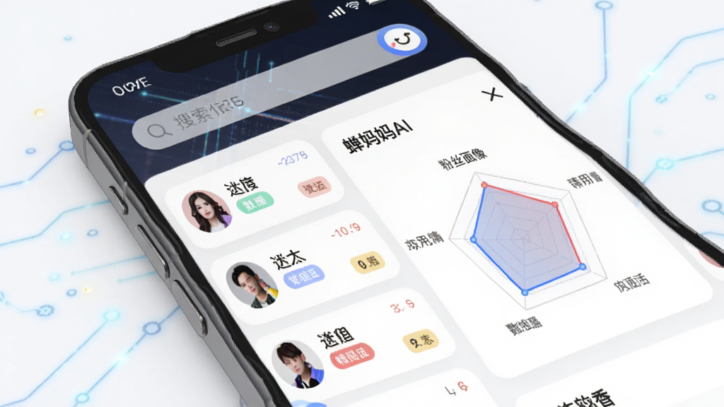 软件名称“蝉妈妈AI”达人分析界面图,画面主体为手机屏幕展示达人列表与粉丝画像雷达图,布局为顶部搜索栏与下方卡片式列表,风格为简约科技感,细节包括头像圆角处理与数据标签配色,画质高清,干净无杂乱元素