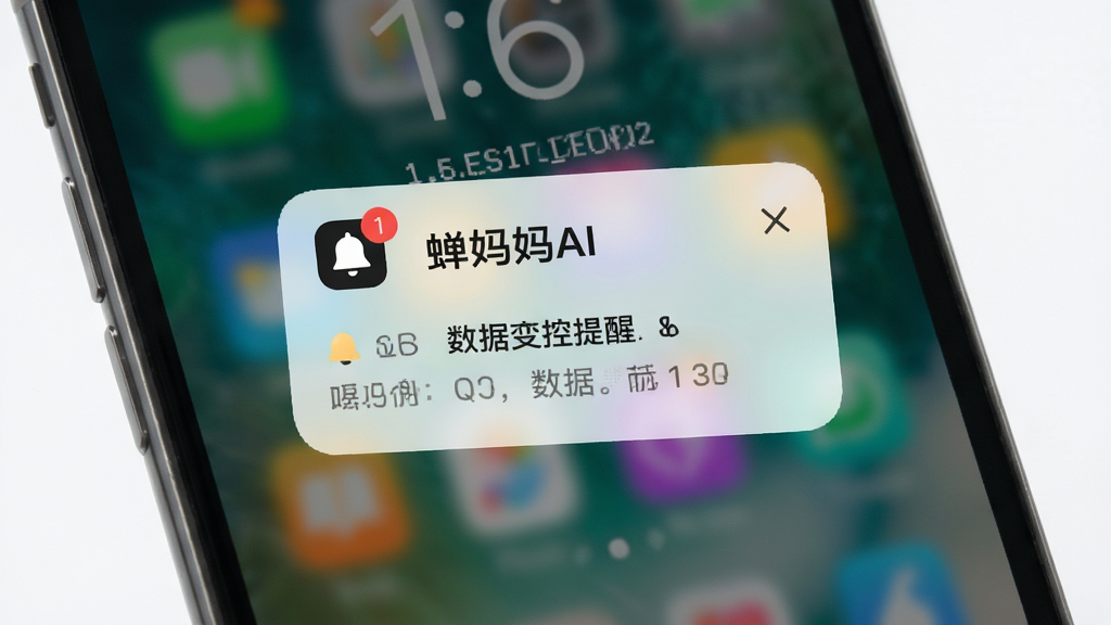 软件名称“蝉妈妈AI”数据监控提醒图,画面主体为手机锁屏通知界面展示数据变动提醒卡片,布局为居中弹窗式,风格为柔和圆角设计,细节包括铃铛图标与红色角标,画质高清,干净简洁