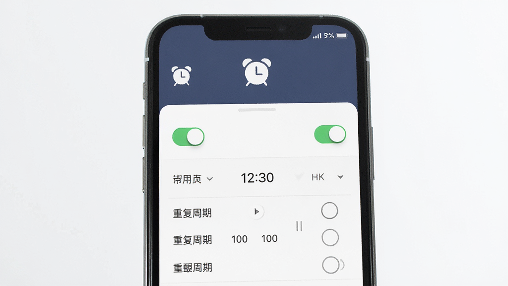 愈测健康提醒设置界面,主体为手机屏幕显示闹钟图标与提醒列表,布局为纵向列表排列,风格为简约商务风,细节包含开关按钮、时间选择器、重复周期选项,画质清晰,干净,无多余元素