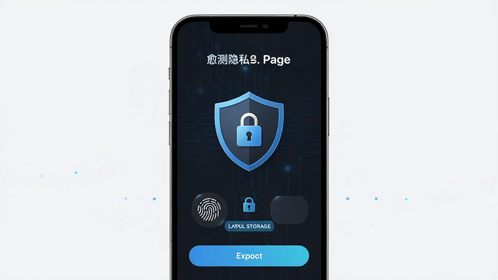 愈测隐私设置页面,主体为手机屏幕展示盾牌图标与加密锁,布局为居中对称,风格为安全科技感深色模式,细节包含指纹识别图标、本地存储标签、导出按钮,画质高清,干净,无多余元素