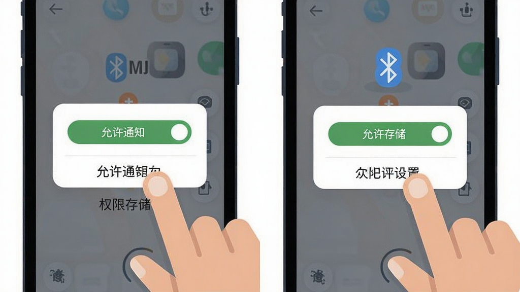 愈测新手操作示意图,主体为手机屏幕与手指点击动作,布局为分步展示安装与权限设置,风格为扁平化插画风,细节包含“允许通知”“允许存储”弹窗、蓝牙配对图标,画质清晰,干净,无多余元素