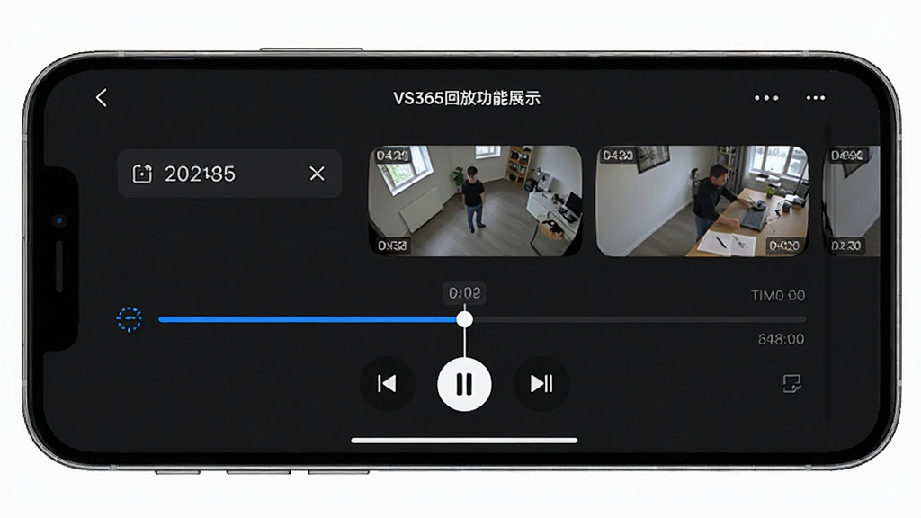 VS365回放功能展示,主体为手机横屏显示监控回放时间轴界面,画面中有日期选择器、时间进度条、播放控制按钮,布局采用上下结构,排版清晰,风格为深色主题的播放器界面,细节包括蓝色进度条、白色图标、录像缩略图预览,画质高清,画面干净,无多余元素