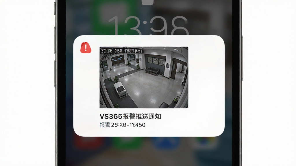 VS365报警推送通知界面,主体为手机锁屏界面弹出报警通知卡片,卡片上显示监控画面缩略图和报警时间,布局为居中弹窗样式,排版简洁,风格为现代手机通知样式,细节包括红色报警图标、白色卡片背景、阴影效果,画质高清,画面干净,无多余元素