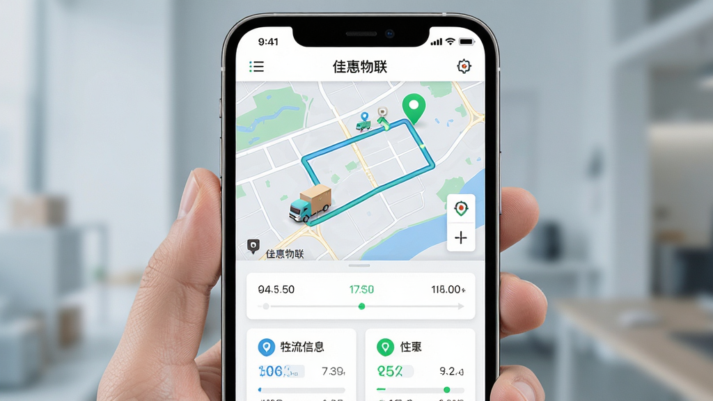 物流轨迹追踪功能展示图,画面中央为手机屏幕显示