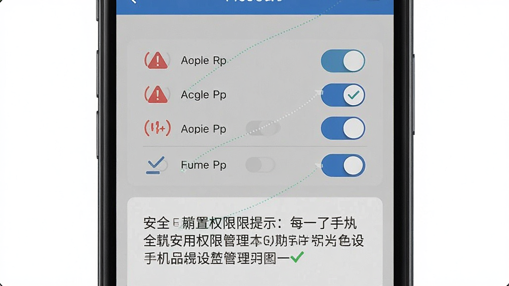 手机安全设置与权限管理示意图,画面主体为手机屏幕显示应用权限设置页面,布局采用上下结构,上方为权限开关列表下方为安全提示文字,风格为简洁实用风,细节包含红色警告图标与蓝色对勾图标,画质清晰干净,无多余元素