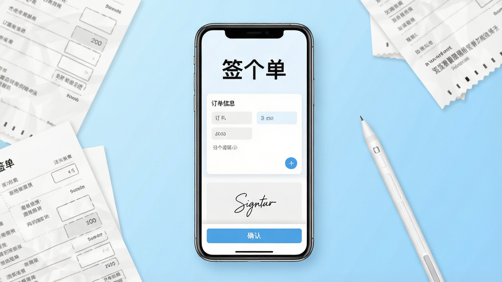 画面中央一部智能手机竖屏展示,手机屏幕内呈现简洁的电子签单界面,顶部显示“签个单”三个大字,中间是订单信息填写区域,底部有签名板和确认按钮,手机周围散落着纸质单据和一支触控笔,背景为干净的浅蓝色渐变,整体风格清爽现代,扁平化设计,细节清晰,画质锐利,无多余元素