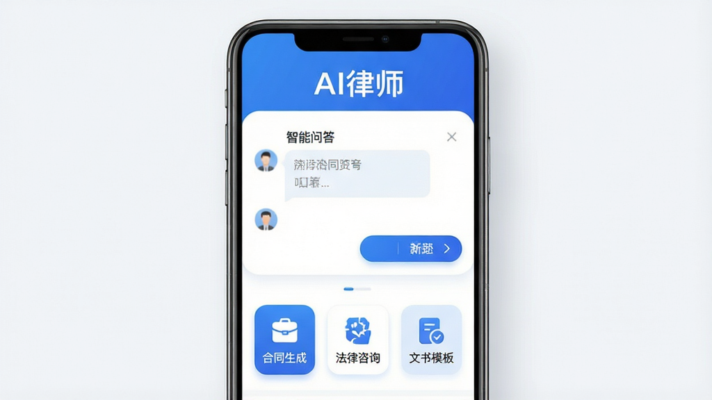 AI律师手机软件界面展示图,主体为一部竖屏智能手机,屏幕中显示AI律师应用的主页面,页面顶部有