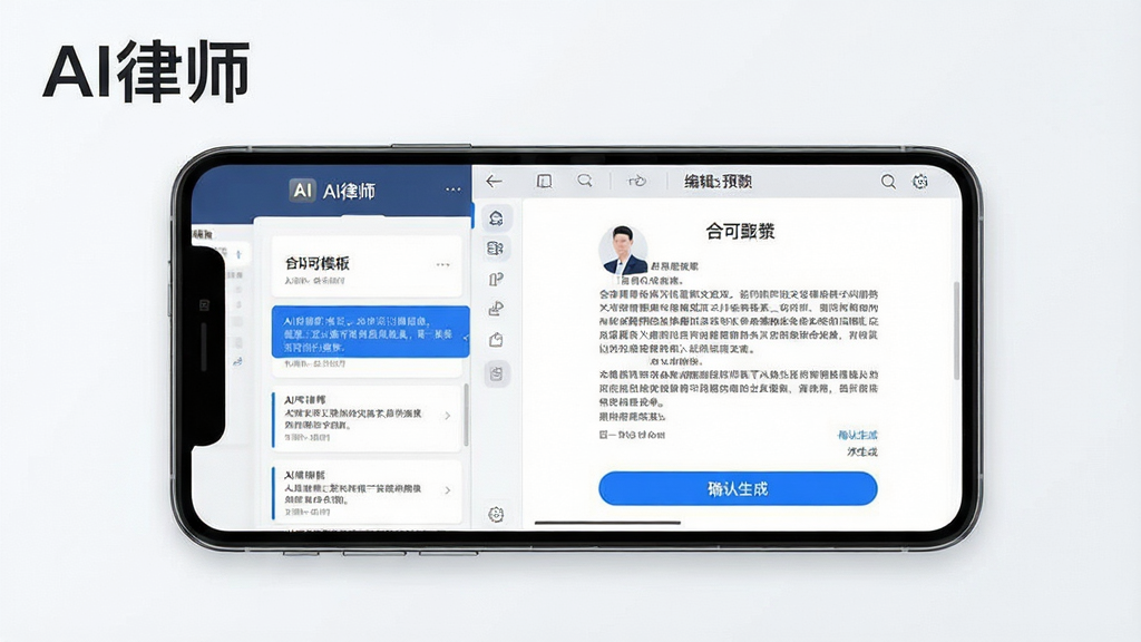 AI律师软件功能展示图,主体为手机屏幕中显示法律文书自动生成的界面,布局为左侧文书模板列表、右侧编辑预览区域,排版整齐,风格为商务专业风,细节包括