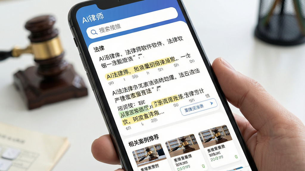 AI律师软件法律查询功能展示图,主体为手机屏幕显示法律法规检索结果页面,布局为顶部搜索框、中部法条列表、底部相关案例推荐,排版层次分明,风格为清爽阅读风,细节包括