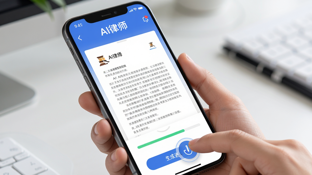 AI律师安卓手机操作示意图,主体为一只手握住手机,屏幕显示AI律师应用正在生成法律文书的界面,布局为手持特写加屏幕内容,排版突出手机屏幕,风格为生活化科技风,细节包括